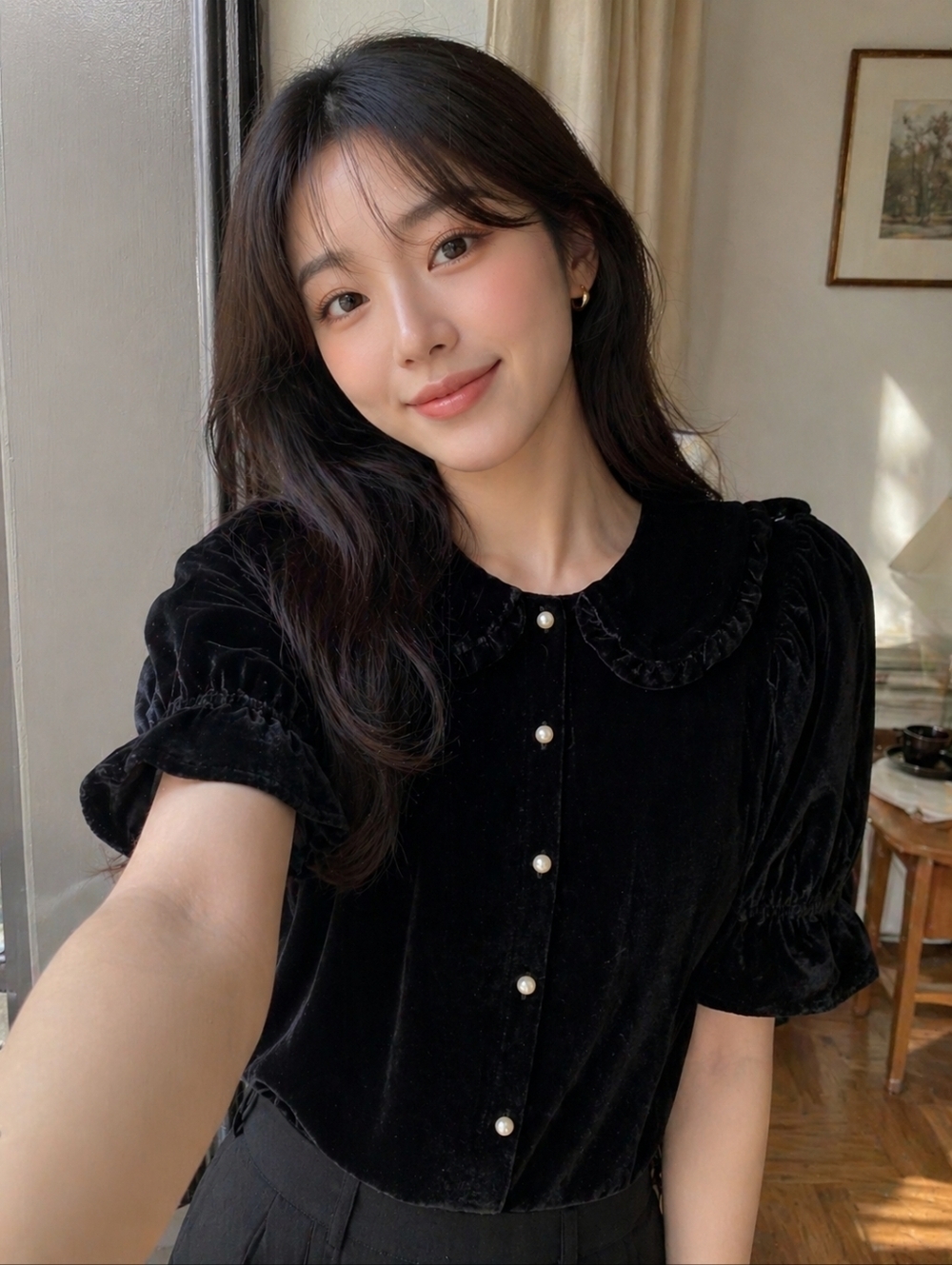 Paris Atelier & Other Stories Velvet Puff Sleeve Blouse Peter Pan collar Size 0
